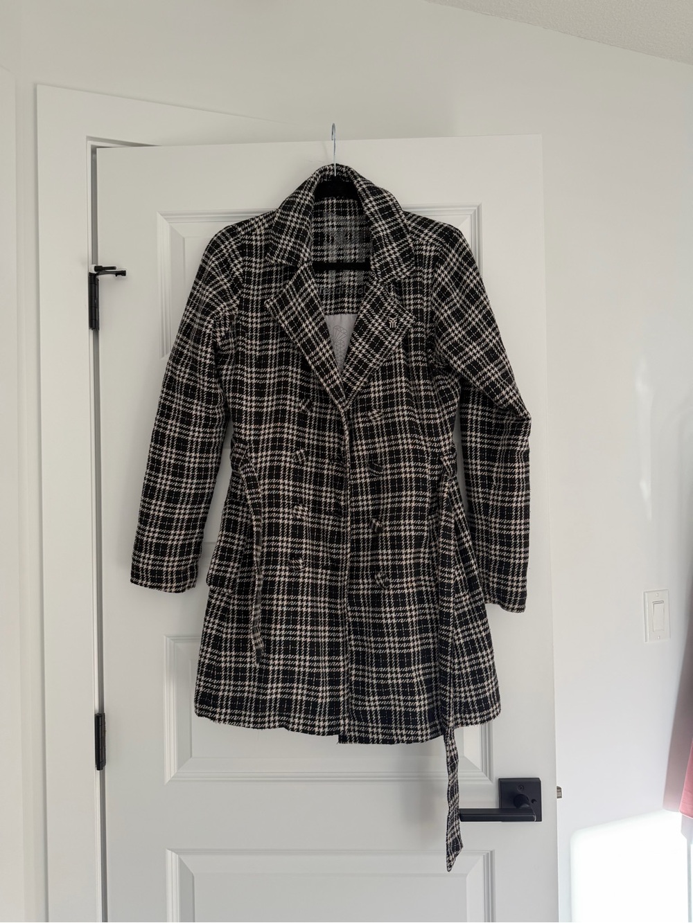 Women's Black & White Plaid Belted Trench Coat